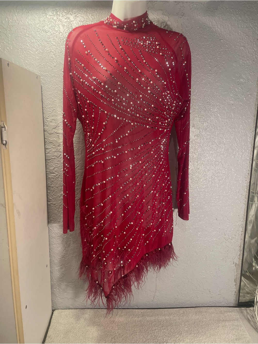 Red Long-Sleeve Rhinestone Sheer Dress with Feather Hem